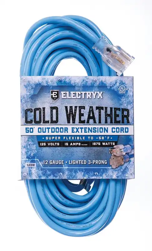 Electryx 50 Foot Cold Weather Outdoor Extension Cord - 12 Gauge, Blue