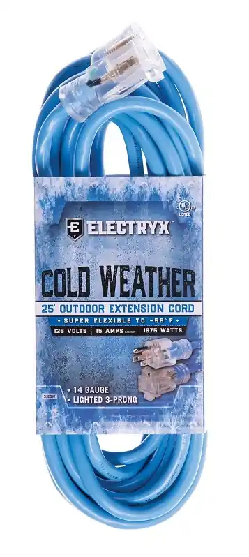 Electryx 25 Foot Cold Weather Outdoor Extension Cord - 14 Gauge, Blue