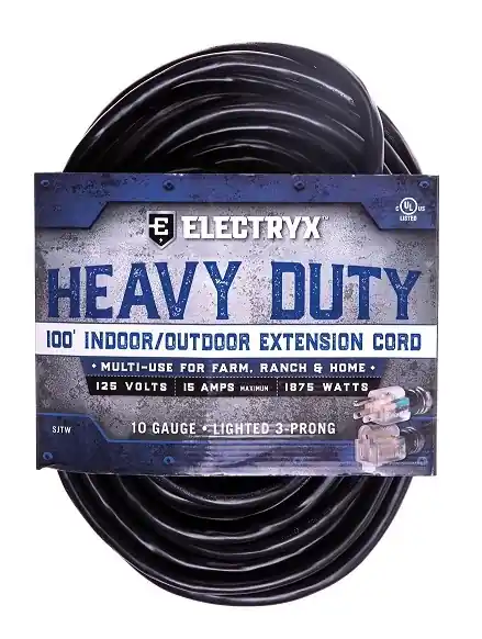 Electryx 100 Foot Heavy Duty Indoor/Outdoor Extension Cord - 10 Gauge, Black