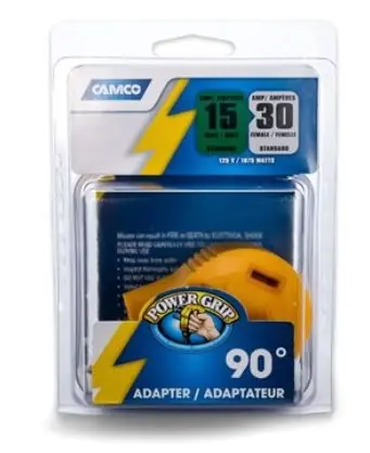 Camco Power Grip Adapter 15AM / 30AF 90 Degree 125V