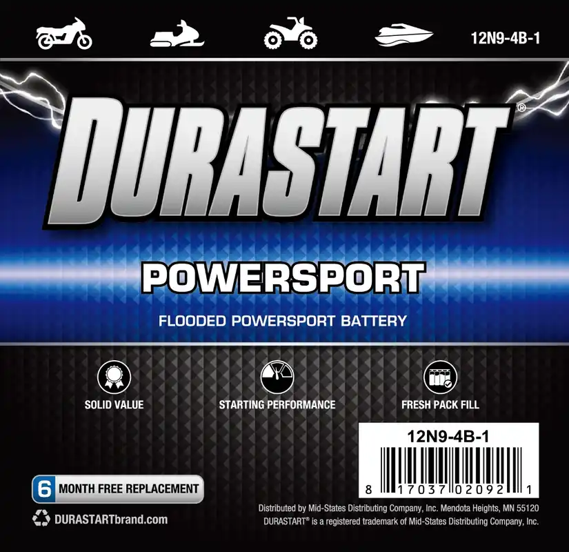 Durastart 12N9-4B-1 PowerSport UTV / Motorcycle Battery, 9 Ah, 12 V Battery