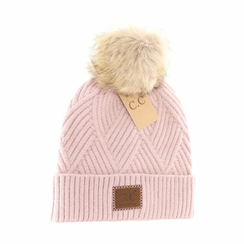 C.C Beanie Women‘s Large Patch Heathered Pom Beanie HAT2060 Dusty Rose