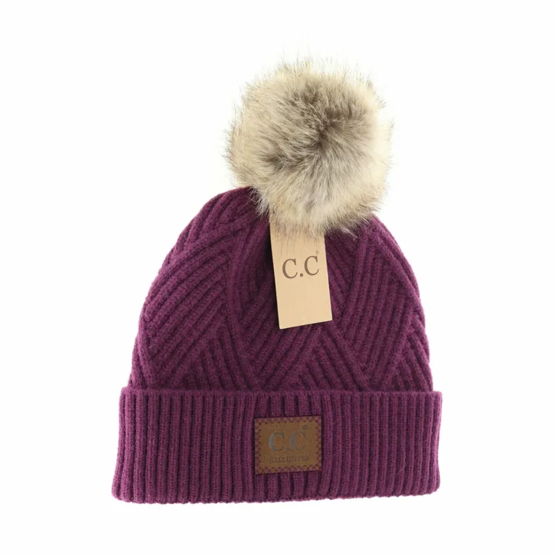 C.C Beanie Women‘s Large Patch Heathered Pom Beanie HAT2060 Eggplant