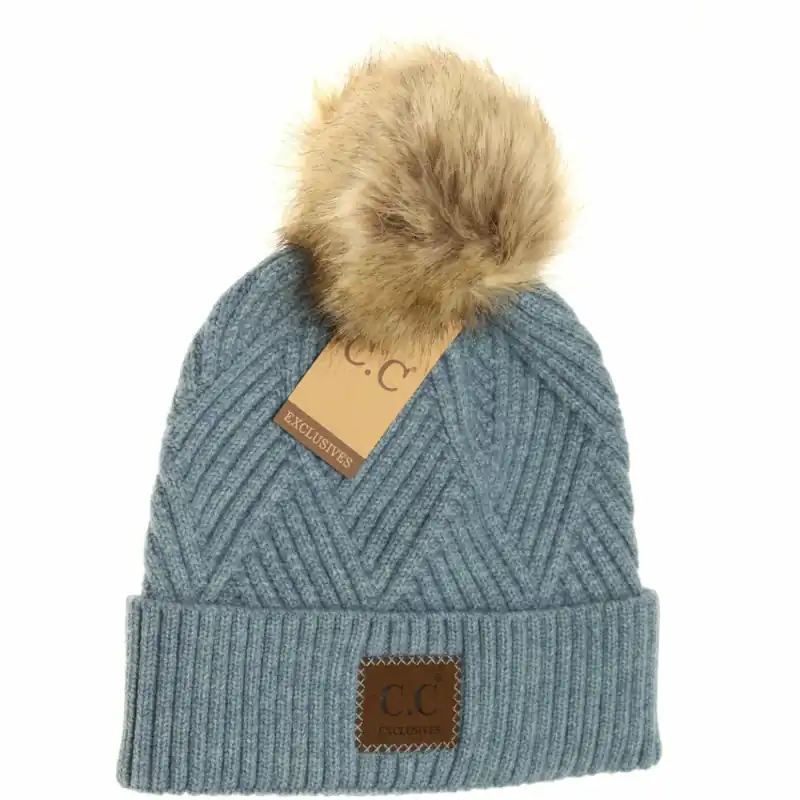 C.C Beanie Women‘s Large Patch Heathered Pom Beanie HAT2060 Steel Blue Mix