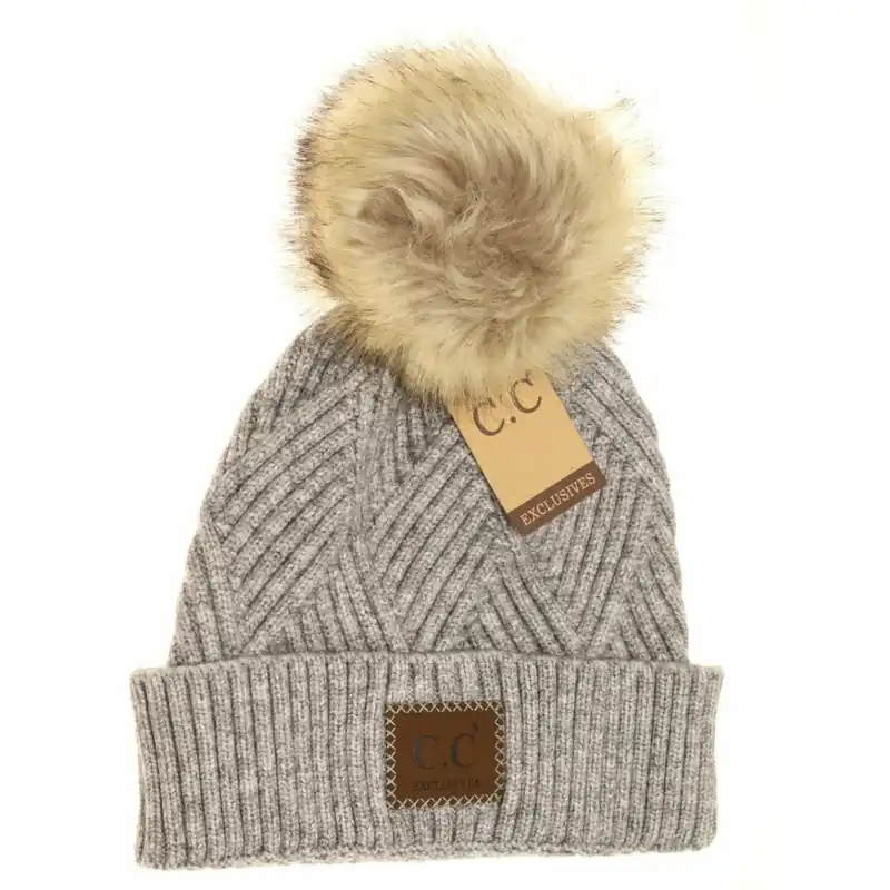 C.C Beanie Women‘s Large Patch Heathered Pom Beanie HAT2060 Light Grey Mix