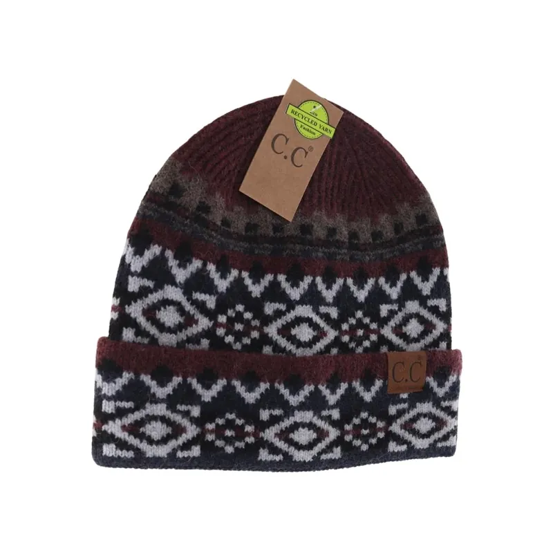C.C. Beanie Women‘s Aztec Pattern Cuff C.C Beanie HAT4006 Burgundy