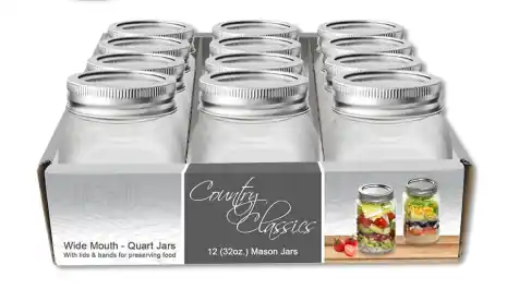 Country Classics Wide Mouth Quart (32oz) Glass Canning Jars 12Pk