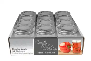 Country Classics Regular Mouth Half Pint (8oz) Glass Canning Jars 12Pk