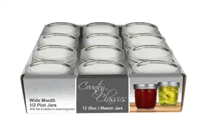 Country Classics Wide Mouth Half Pint (8oz) Glass Canning Jars 12Pk