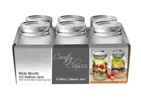 Country Classics Wide Mouth Half Gallon (64oz) Glass Canning Jars 6Pk