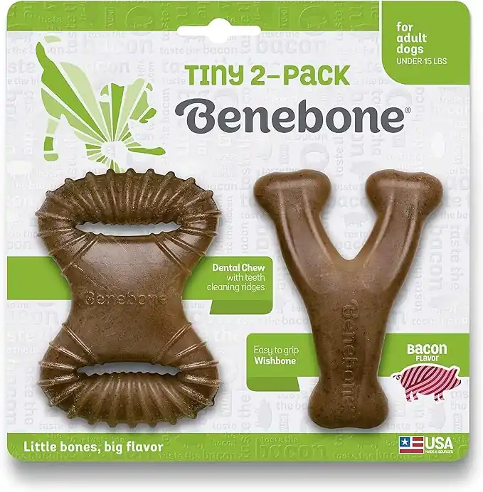 Benebone 2 Pack Bacon Flavored Dental Chew and Wishbone Dog Chew Toy - Tiny