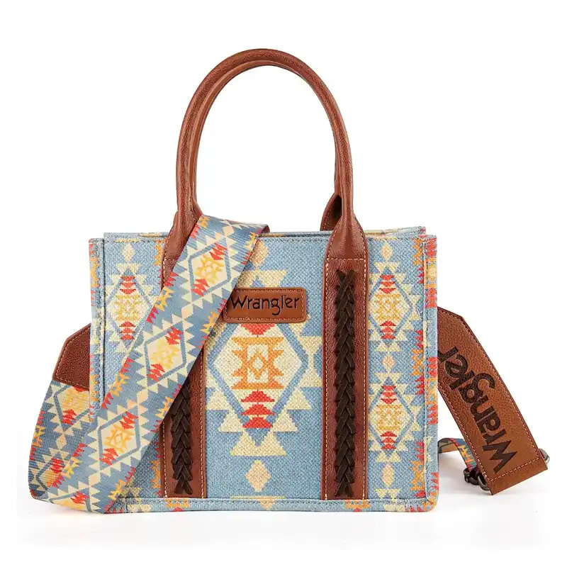 Montana West Wrangler Southwestern Print Small Canvas Tote/Crossbody Bag - Light Blue