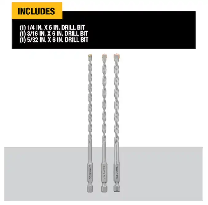 DeWalt DWA5103 3-Piece x Carbide Masonry Drill Bit Set for Rotary Drill/Impact Driver 1/4, 3/16, 5/32