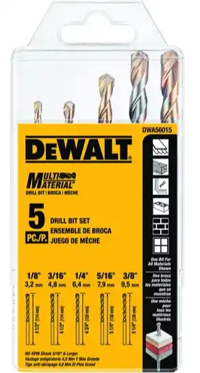 DeWalt DWA56015 Drill Bit Set Carbide - No-spins Shank 5 Piece Set (1/4", 3/16", 1/8", 5/16", 3/8")