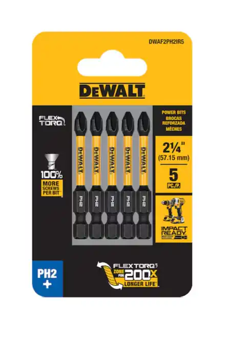 DeWalt DWAF2PH2IR5 Flextorq 1/4-in x 2-1/4-in Phillips Impact Driver Bit PH2 (5-Piece)