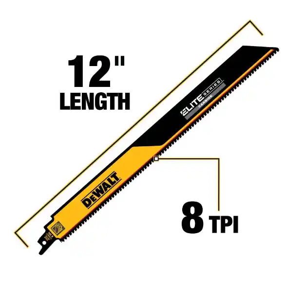 DeWalt DWAR12108CT-1 ELITE SERIES Reciprocating Saw Blade 1pk Carbide Tipped 12in 8 TPI Metal Cutting
