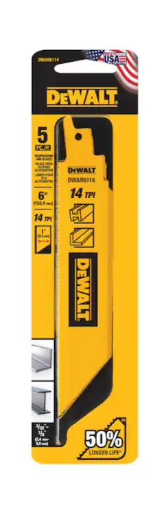 DeWalt DWAR6114 Bi-metal 6-in 14 Tpi Wood Cutting Reciprocating Saw Blade (5-Pack)