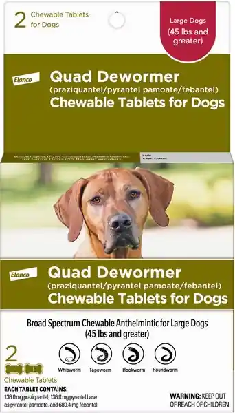 Elanco Quad Dewormer for Hookworms, Roundworms, Tapeworms & Whipworms for Large Breed Dogs, 2 count