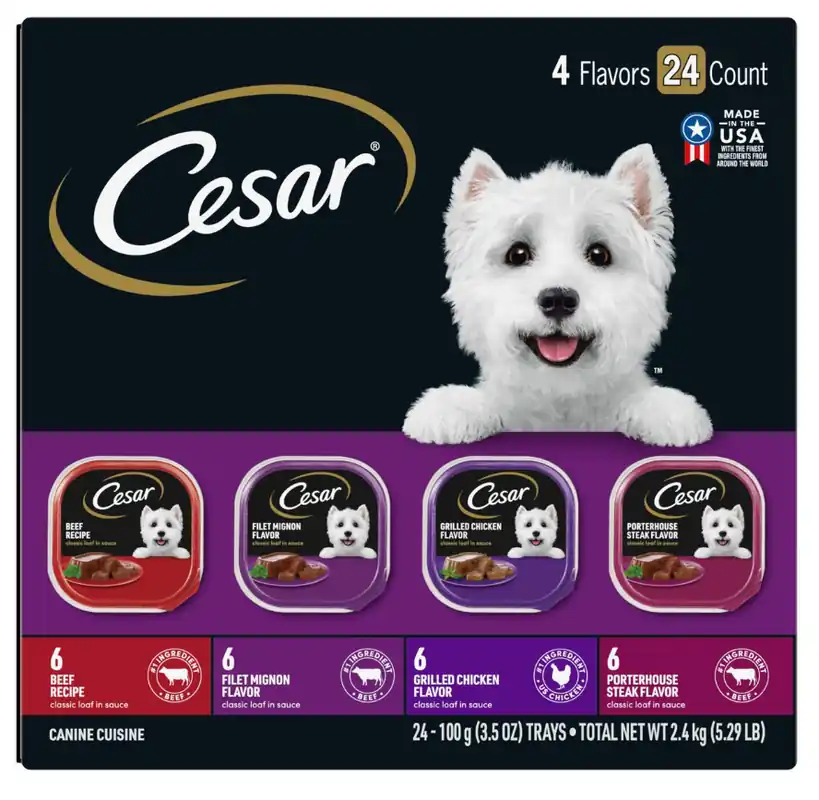 Cesar Canine Cuisine Club Variety Pack, 6 Beef, 6 Filet Mignon, 6 Grilled Chicken, 6 Porterhouse Steak, 3.5 oz Tray- 24 Pack, 474-251-15