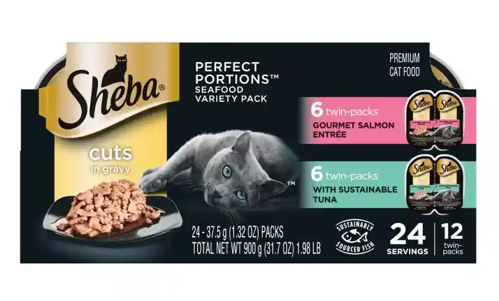 Sheba Perfect Portions Premium Pate 6 Delicate Salmon Entrée, and 6 Tender Whitefish & Tuna Entrée, 1.32oz, 12 twin-packs, 24 servings