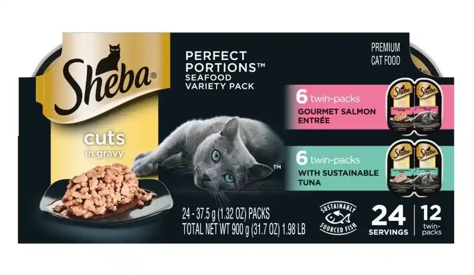 Sheba Perfect Portions Premium Cuts in Gravy 6 Sustainable Tuna Entrée, 6 Gourmet Salmon Entrée - 1.32oz, 12 pack, 24 servings