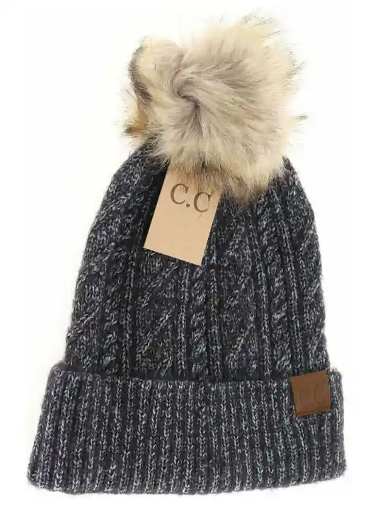 C.C. Beanie Women‘s Soft Cuff Cable Knit Fur Pom C.C Beanie HAT2087 - Black