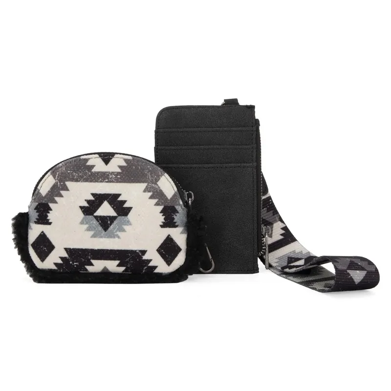 Montana West Wrangler Sherpa Southwestern Art Print Dual Pouch Wristlet - Black