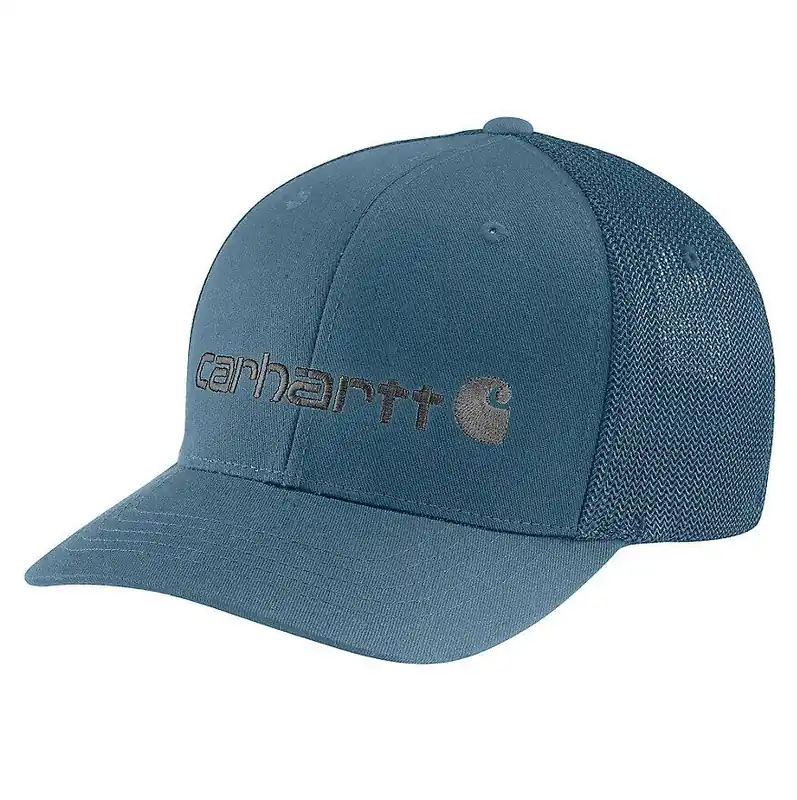 Carhartt Men‘s 105353 Rugged Flex Fitted Canvas Mesh-Back Logo Graphic Cap Storm Blue