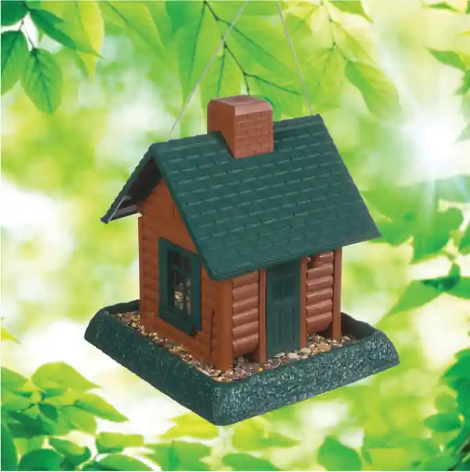 North States Village Bird Feeder, Log Cabin, 5 lb, Sunflower Seed, Plastic, Hanging, Pole Mounting
