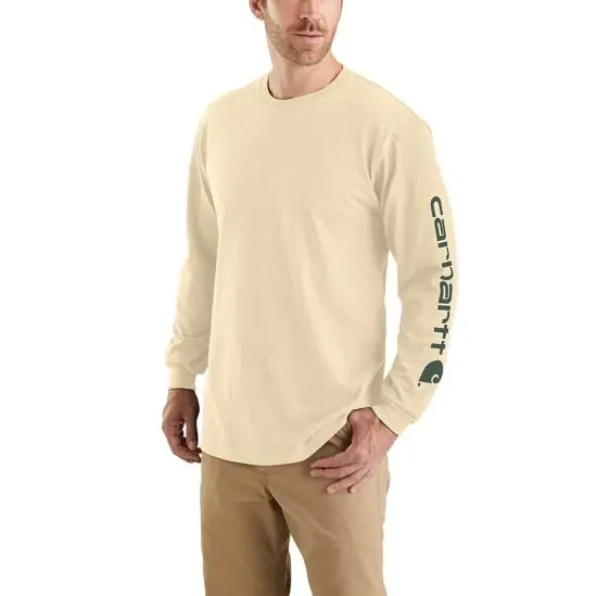 Carhartt Men‘s K231 Loose Fit Long-Sleeve Logo Sleeve Graphic T-Shirt Oat Milk