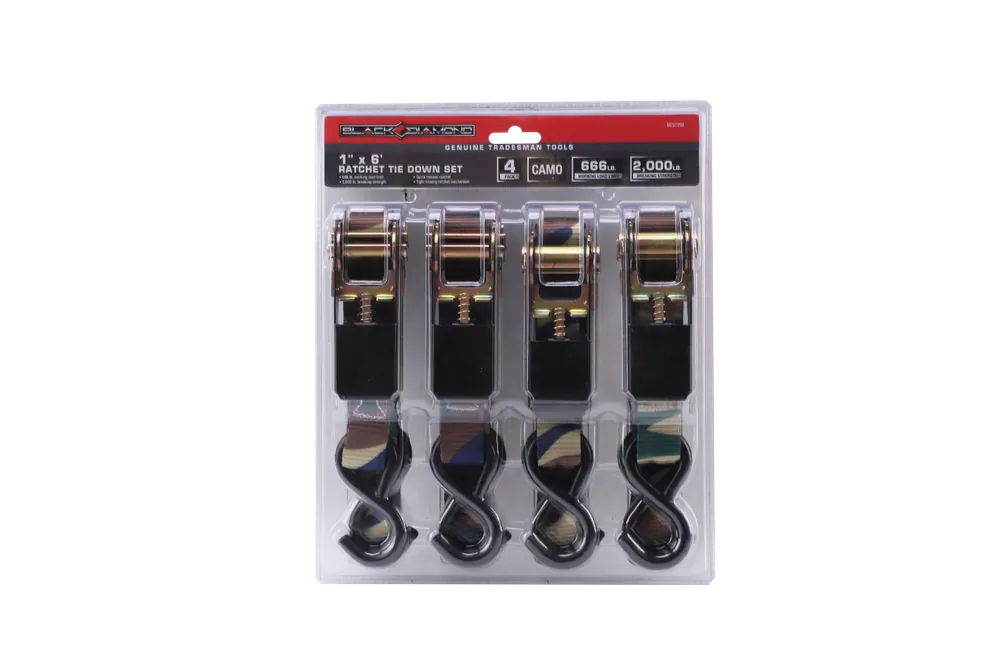 Black Diamond™ 1" x 6‘ Ratchet Tie Down Set (4 Pack) - Camo
