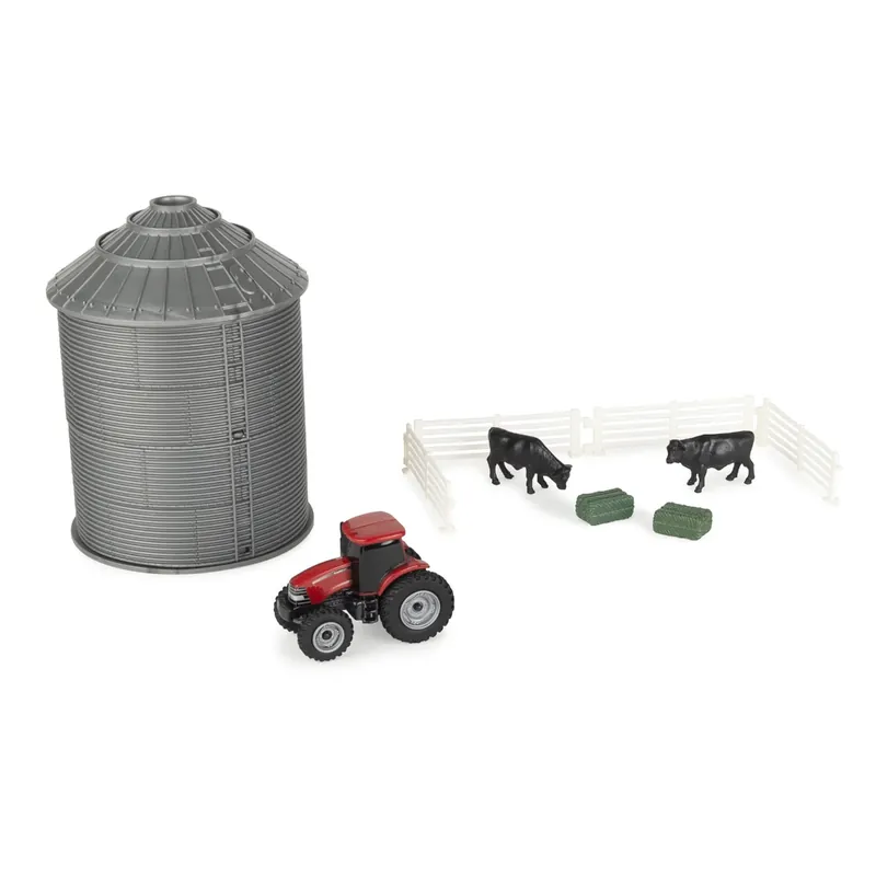 ERTL 1/64 6" x 4" Grain Bin Set with Case IH Tractor, Cattle, Hay Bales & Fence Farm Playset