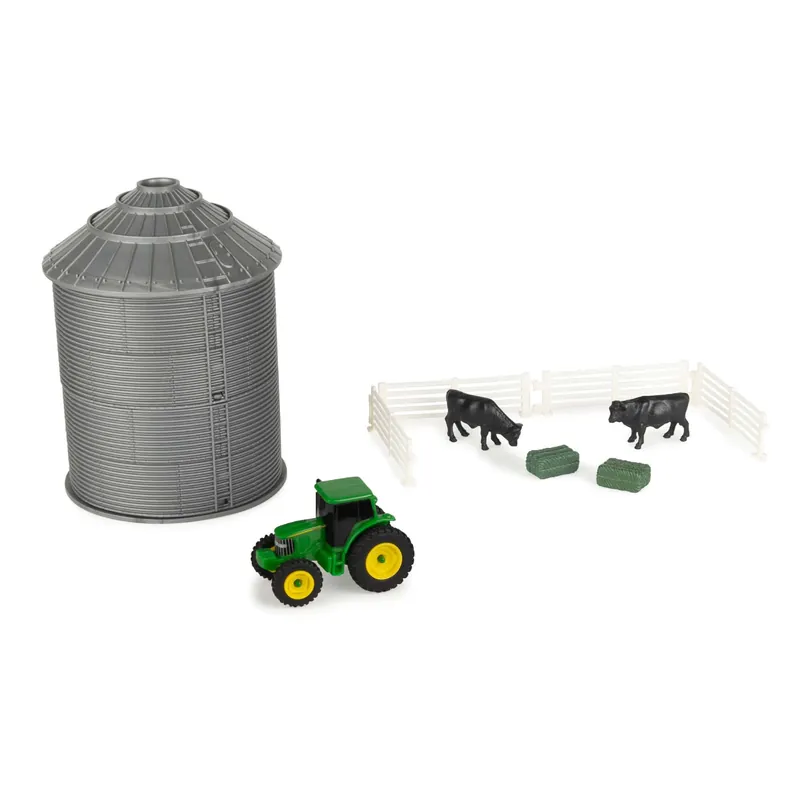 ERTL 1/64 6" x 4" Grain Bin Set with John Deere Tractor, Cattle, Hay Bales & Fence Farm Playset