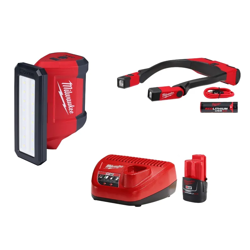 Milwaukee M12™ ROVER™ Service and Repair Flood Light Kit w/ USB Charging and Neck Light