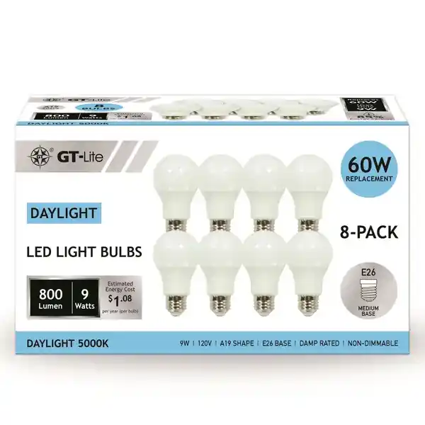 GT Lite brand page 8-Pack 800 Lumen LED A19 Daylight Light Bulbs