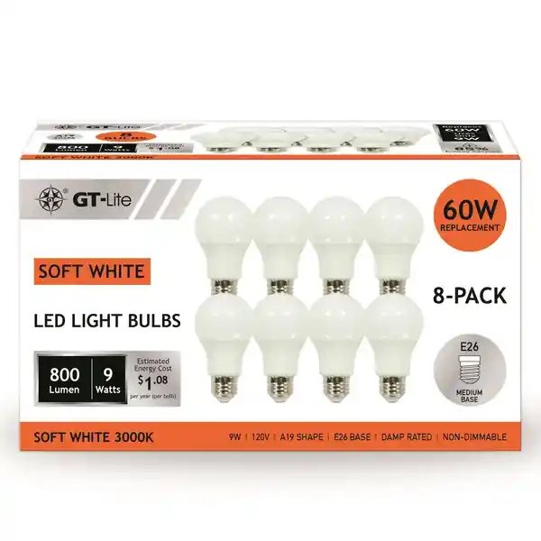 GT Lite brand page 8-Pack 800 Lumen LED A19 Light Bulbs Soft White