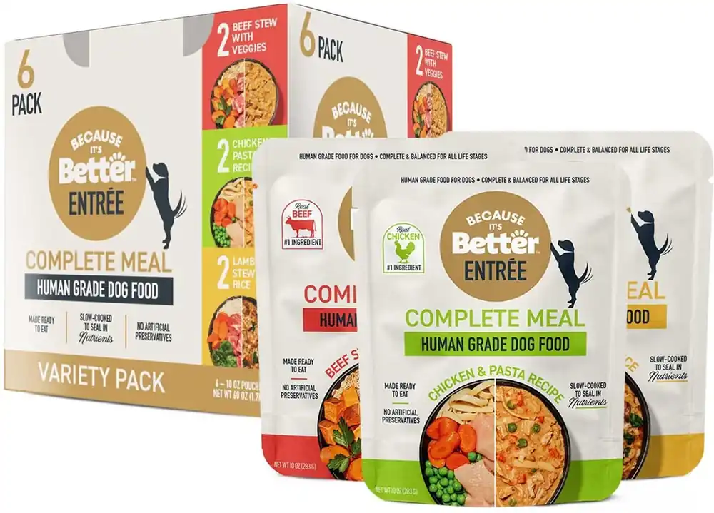 Because It‘s Better Entree Complete Meal Variety Pack Wet Dog Food, 10-oz pouch, case of 6