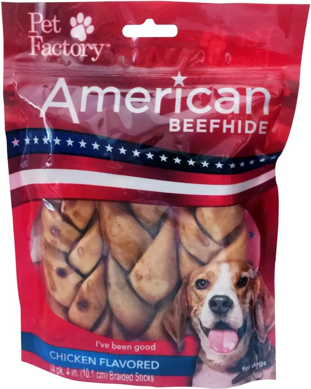 Pet Factory American Beefhide Chicken Flavored 4″ Braided Sticks