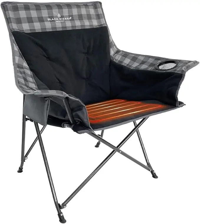 Black Sierra Heated Fleece Camping Chair - Gray Plaid