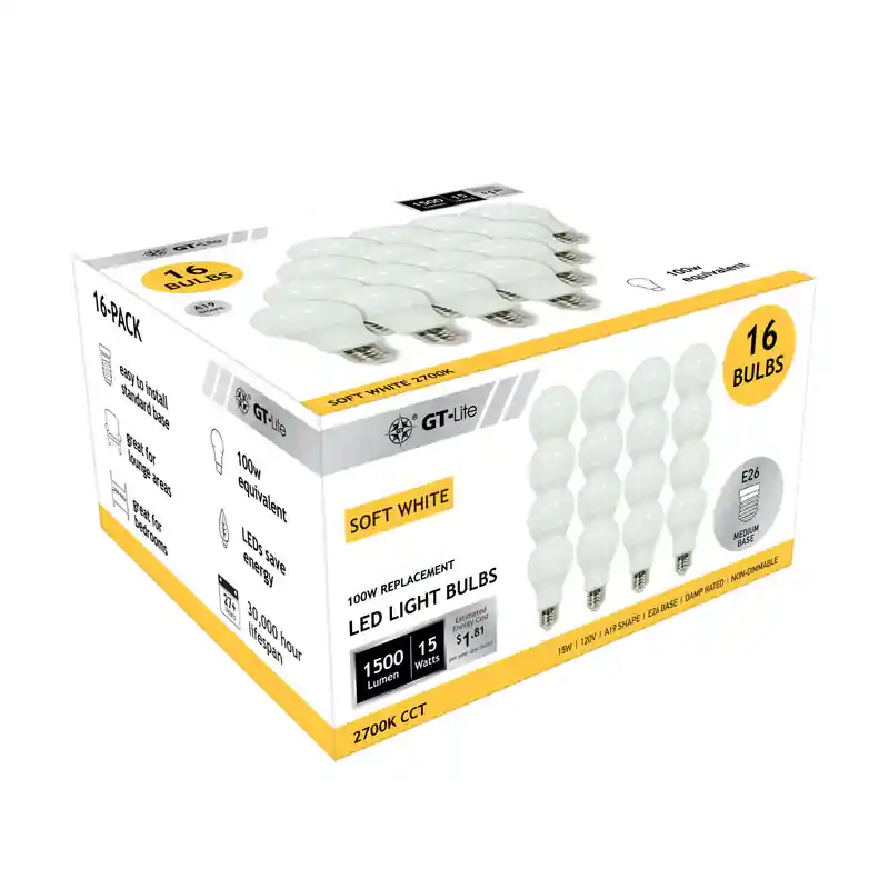 GT-Lite 1500 Lumen LED A19 Bulb, 15-Watt, 100-Watt Equivalent E26, 16-Pack - Soft White