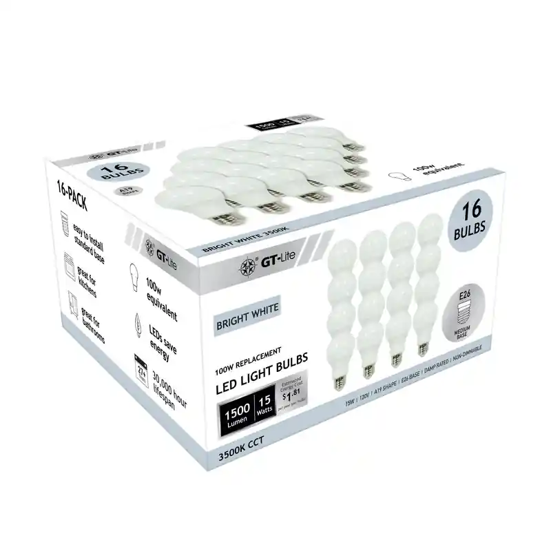 GT-Lite 1500 Lumen LED A19 Bulb, 15-Watt, 100-Watt Equivalent E26, 16-Pack - Bright White