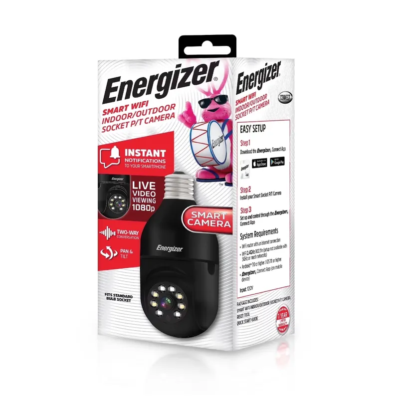 Energizer 1080p Outdoor Wi-Fi Camera, Smart Light Bulb Security Camera with Night Vision