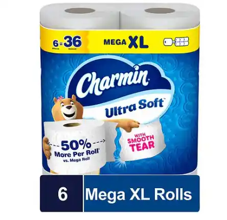 Charmin Toilet Paper Ultra Soft, 6 Mega XL Rolls, 2-Ply Bath Tissue