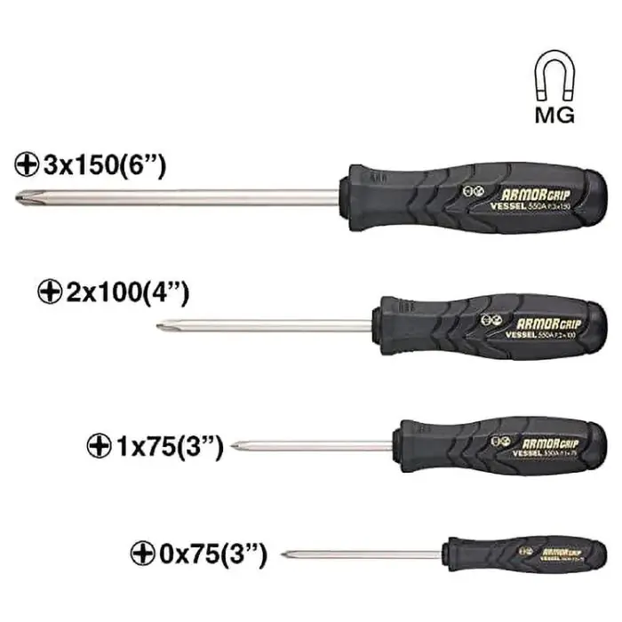 Vessel Tools 550APH4PBU 4 Piece Armor Grip Screwdriver Cross Point Set