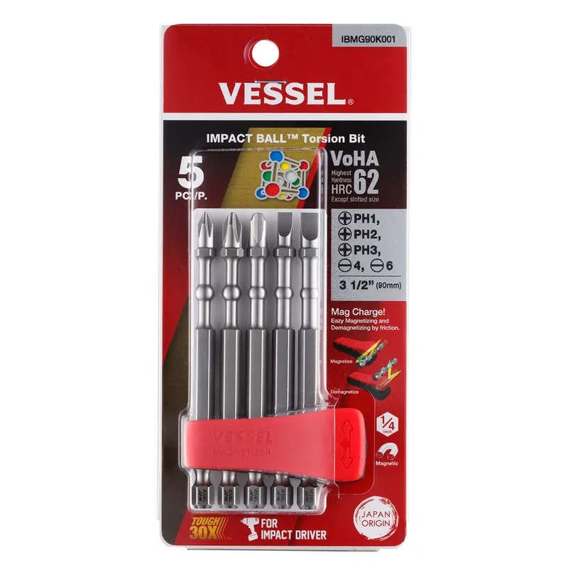 Vessel Tools IBMG90K001 5 Piece 1/4" Impact Ball Torsion Bit Set with Mag Charge Holder