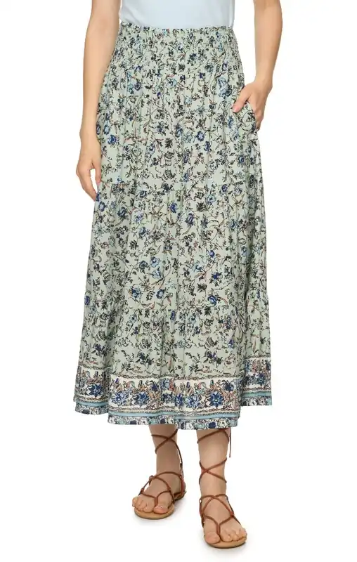 Threadgrit® Piper Midi Skirt Sage Floral Pattern