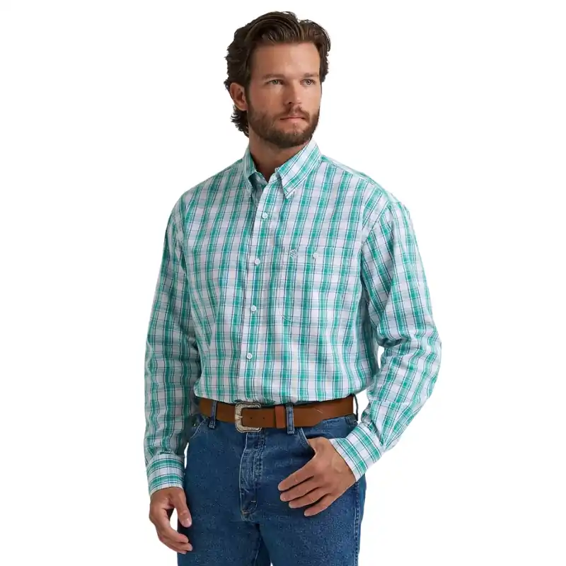 Wrangler® Men‘s S26 George Strait™ Long Sleeve Button Down Shirt One Pocket Aqua Madras