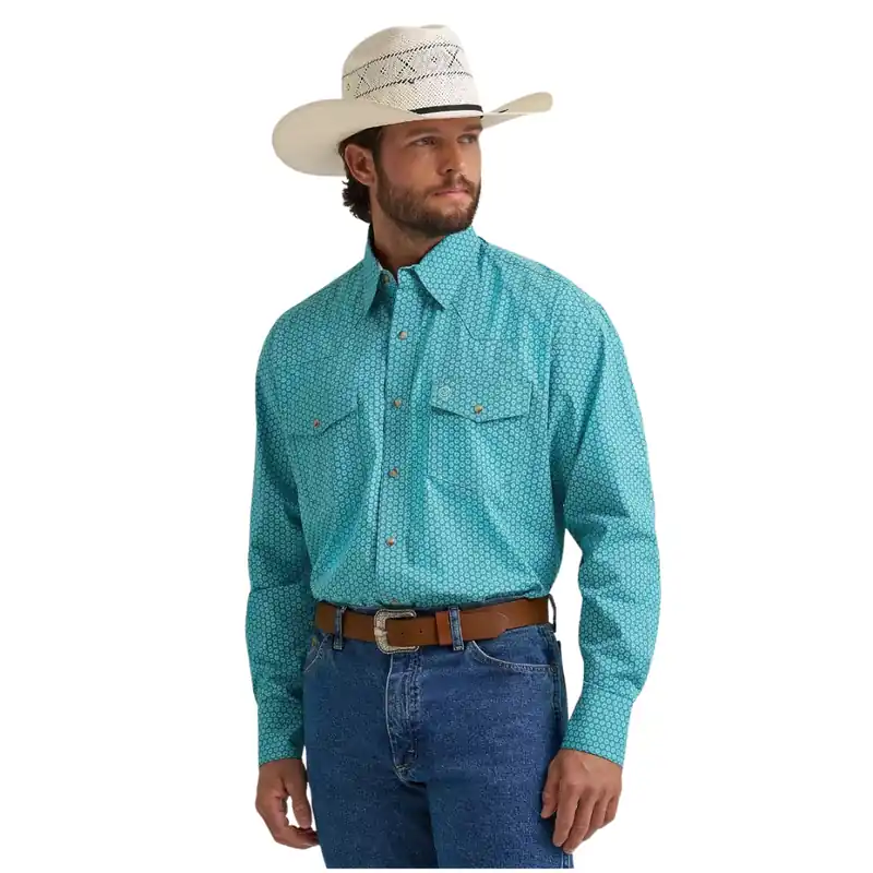 Wrangler® Men‘s S26 George Strait™ Troubadour Long Sleeve Western Snap Shirt Aqua Bursts