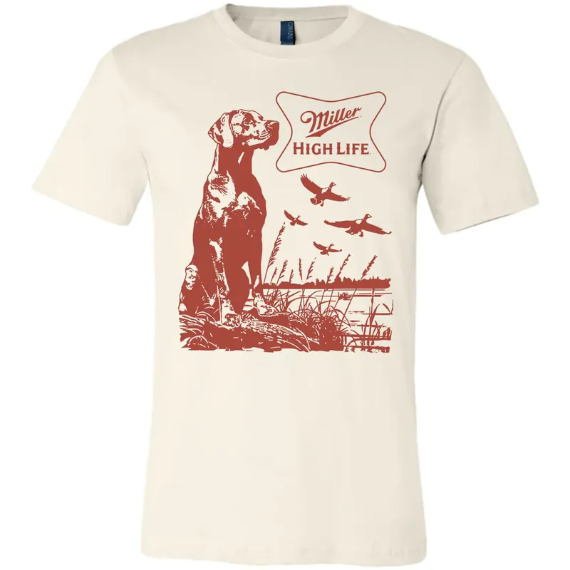 Brew City Men‘s S26 Short Sleeve Miller High Life Dog and Ducks Hunting T-shirt Natural