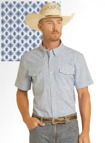 Panhandle Men‘s S26 Performance Short Sleeve Two Pocket Button-Down Shirt Geometric Print Blue